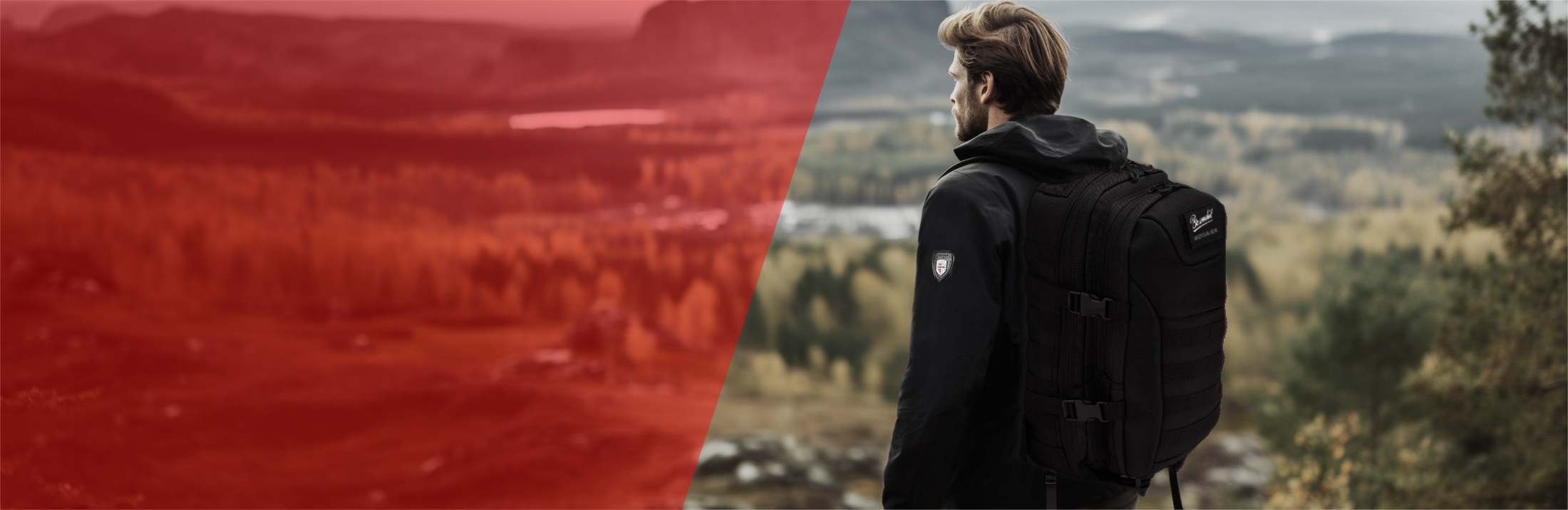 mustiin varusteisiin pukeutunut mies seisoo katsomassa maisemia