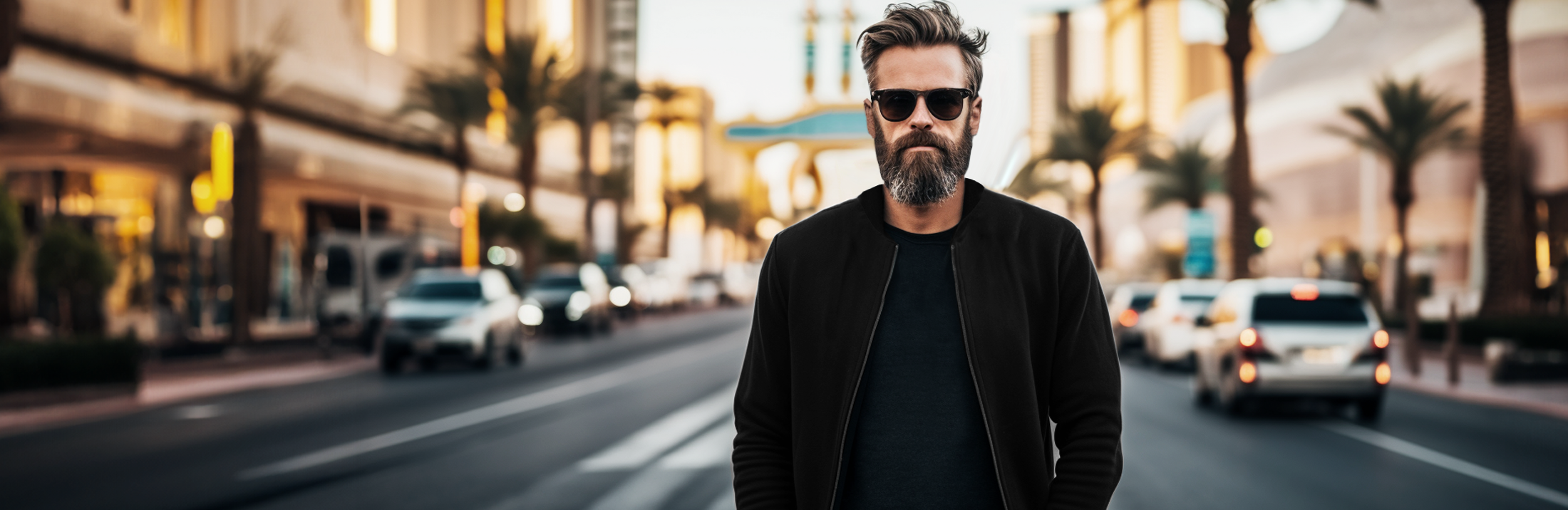 mies seisoo kadulla päällänsä musta pilottitakki ja mustat aurinkolasit