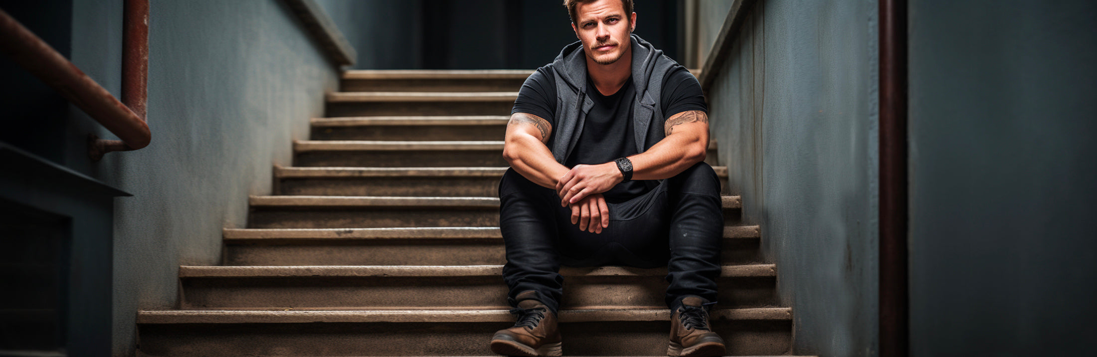 mies istuu portailla ja hänellä on päällään tumma t-paita, collegeliivi ja farkut