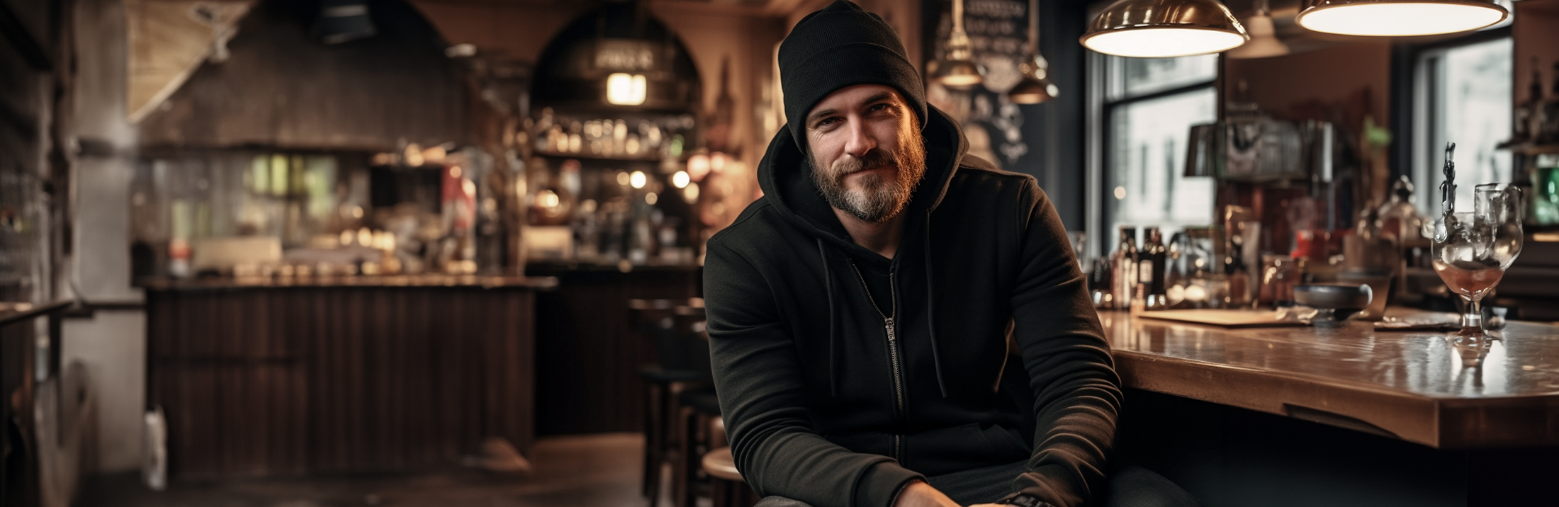 parrakas mies istuu baarissa päällänsä musta vetoketjuhupari ja musta pipo