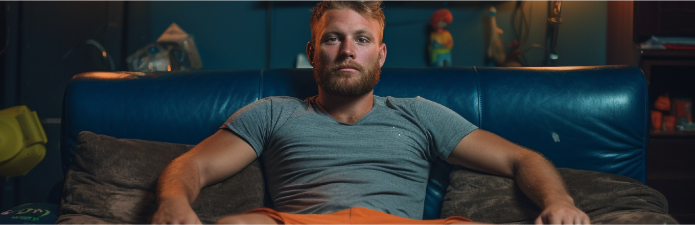 mies istuu sohvalla päällään t-paita ja collegeshortsit