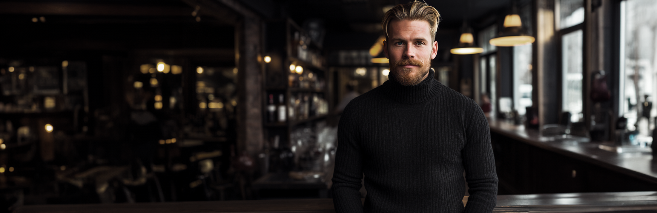 vaalea parrakas mies pukeutuneena musta pooloneule