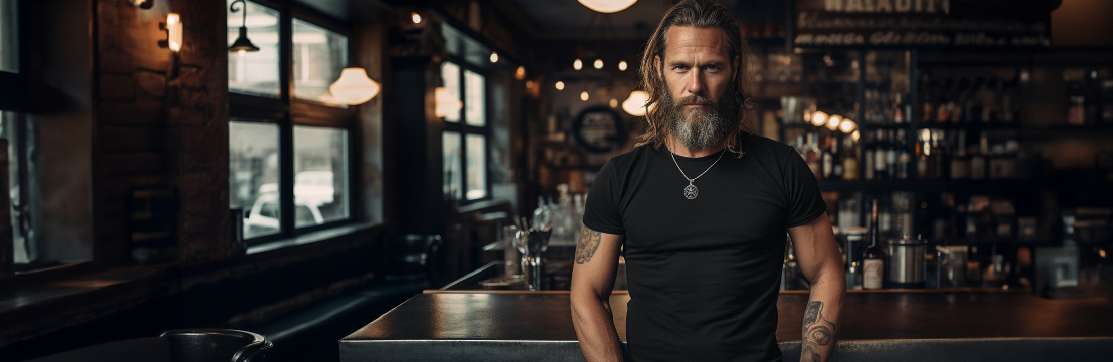 tatuoitu parrakas mies nojaa baaritiskiin yllään musta tyylikäs t-paita