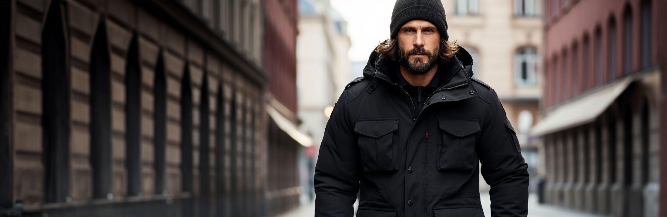Mies mustassa talvitakissa kaupunkimaisemassa