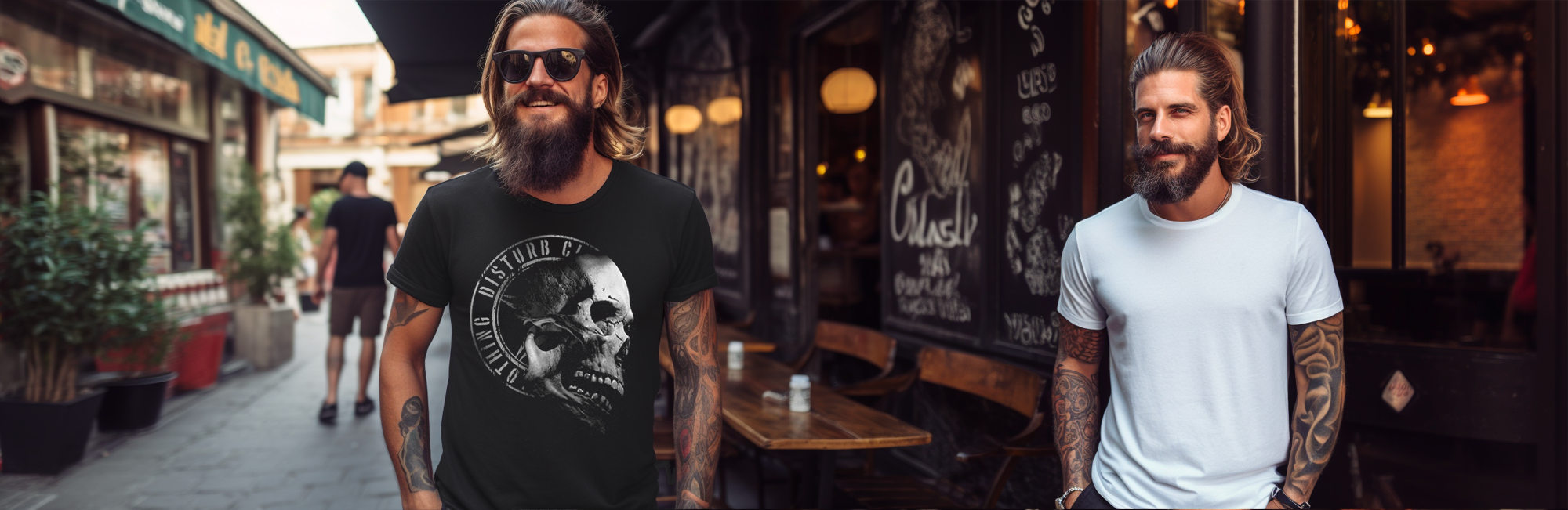 kaksi iloista miestä t-paidat päällä ravintolan edustalla