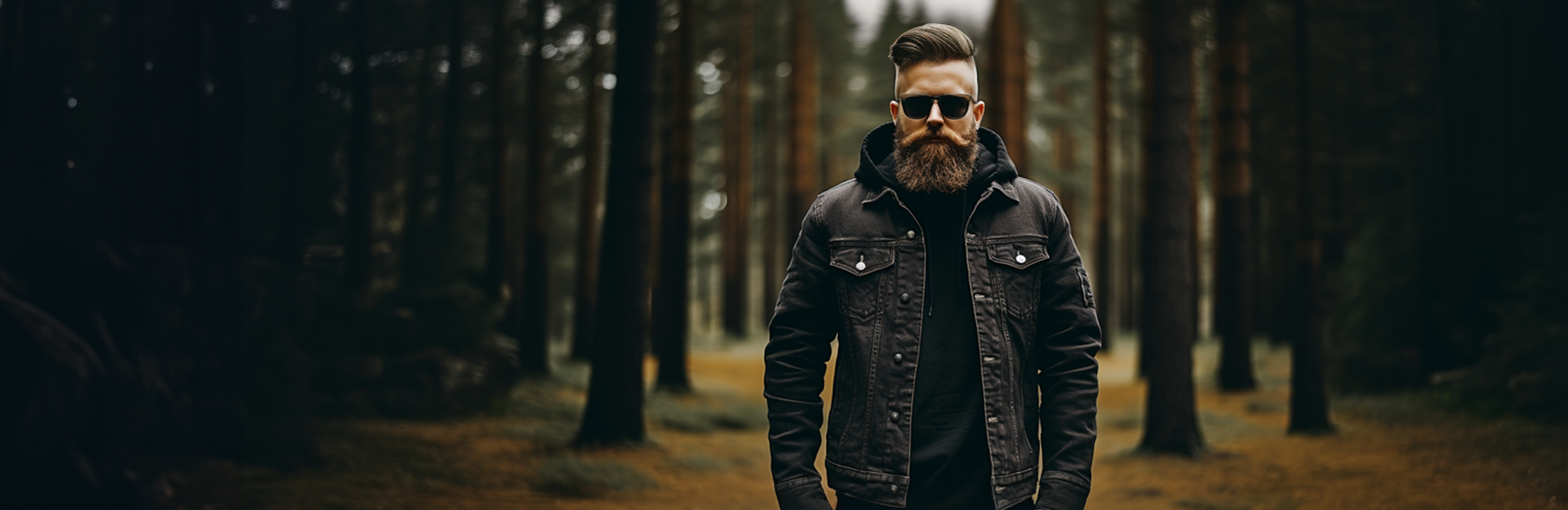 Mies seisoo metsäpolulla päällään aurinkolasit ja musta välikausi farkkutakki