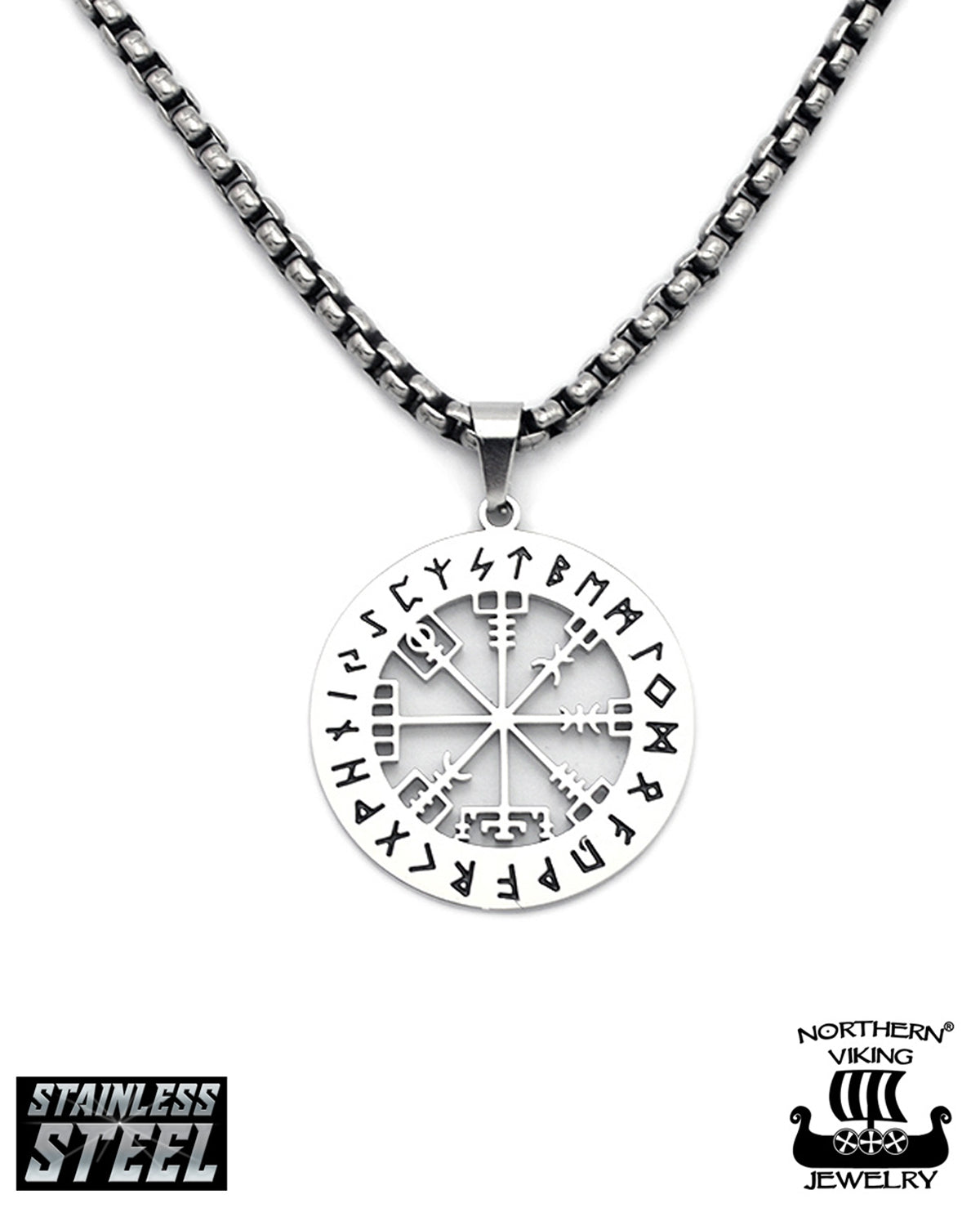 Northern Viking Jewelry Shiny Vegvisir kaulakoru - Teräs