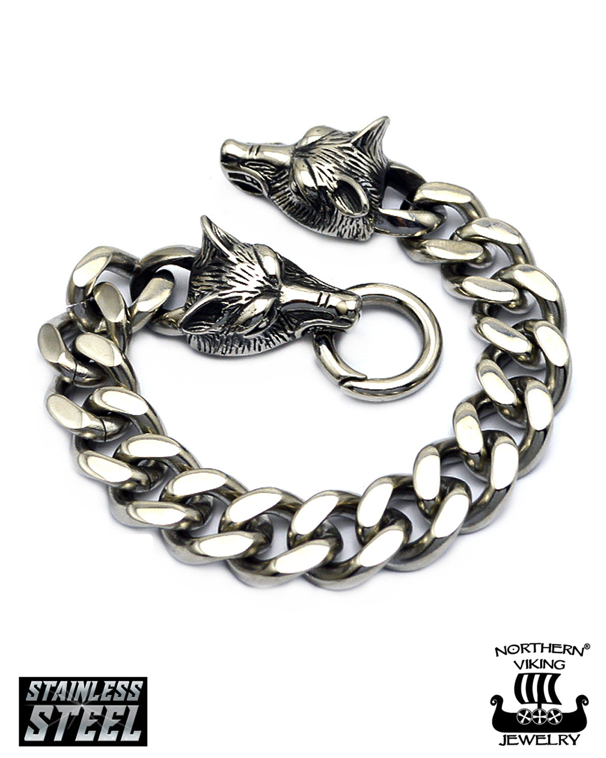 Northern Viking Jewelry Steel Chain Wolf Head rannekoru - Teräs Default Title