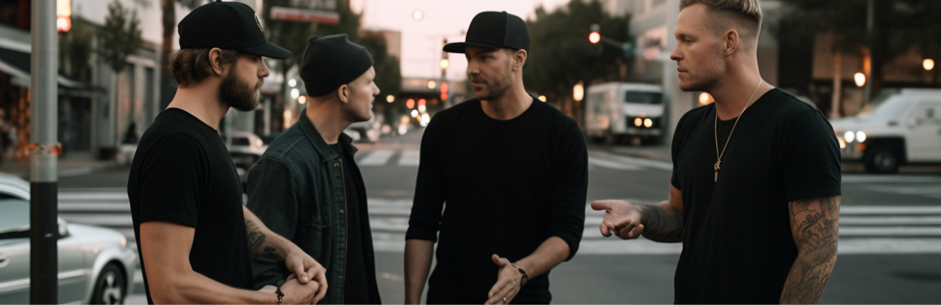 neljä miestä juttelee kadulla mustissa vaatteissa