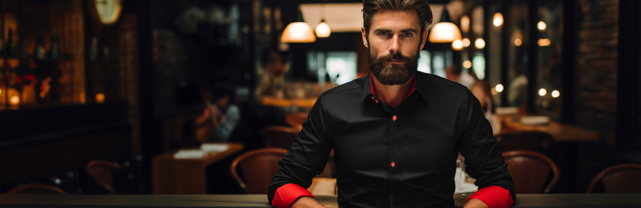 Mies istuu ravintolassa pukeutuneena mustapunaiseen kauluspaitaan