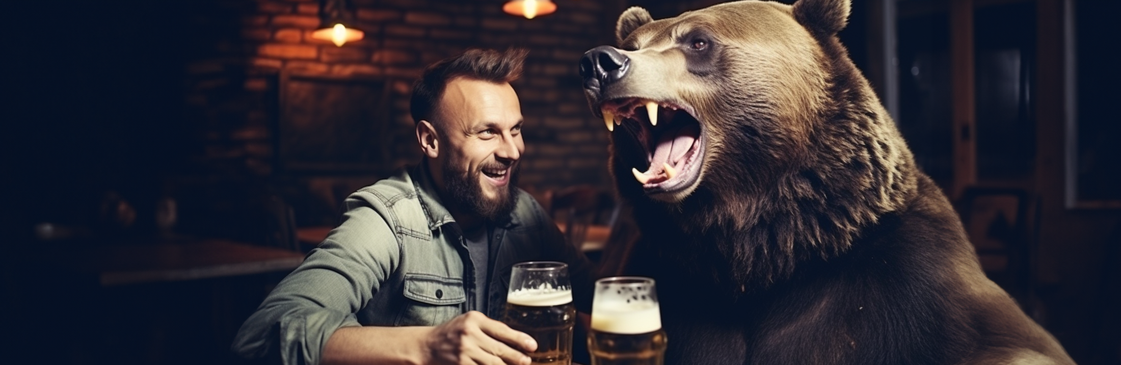 Mies ja karhu istuu ravintolassa juomassa olutta