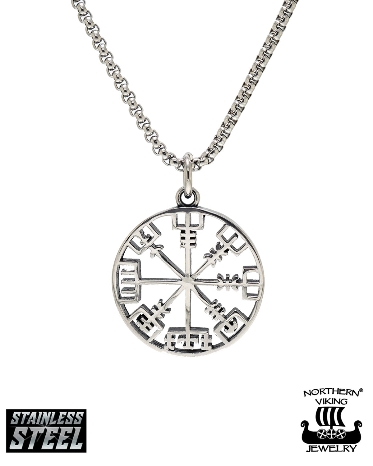 Northern Viking Jewelry Viikinkikompassi Vegvisir kaulakoru - Teräs