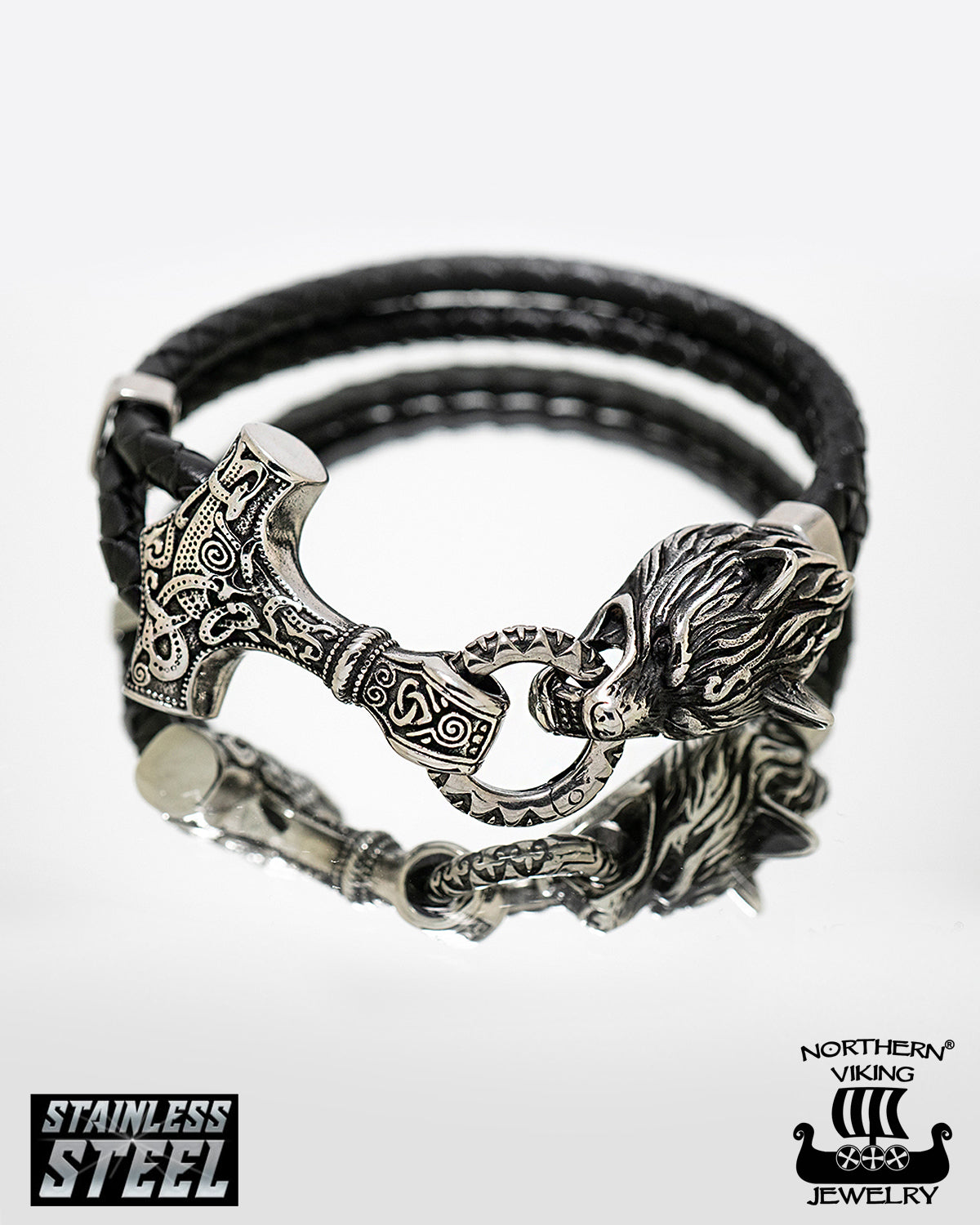 Northern Viking Jewelry Thor's Hammer Wolf Rannekoru - Teräs/Nahka Default Title